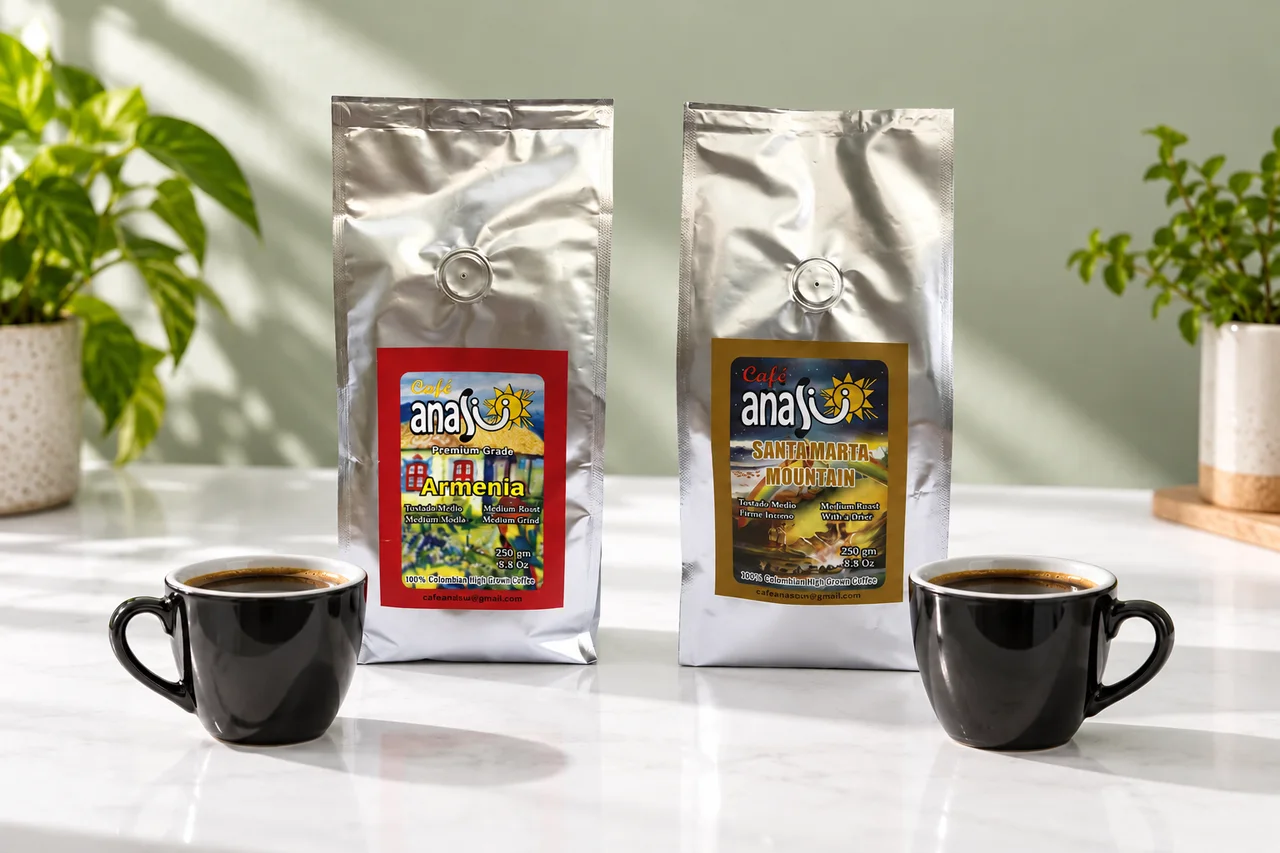 ANASU Armenia and Santa Marta coffee bags beside two tasting cups on a bright table