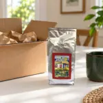 ANASU Armenia coffee bag beside a plain delivery carton and a ceramic mug