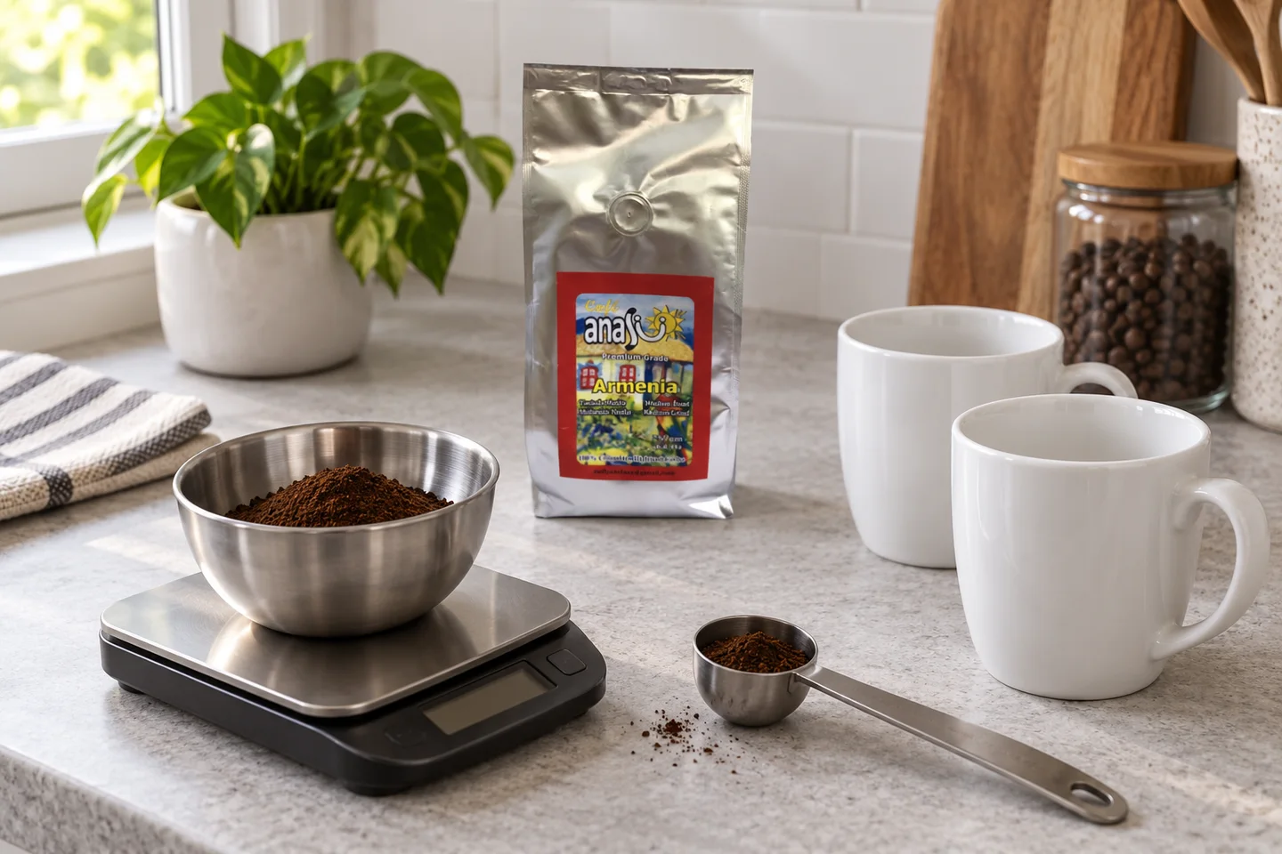 Ground coffee measured in a bowl on a kitchen scale beside an ANASU bag and two mugs