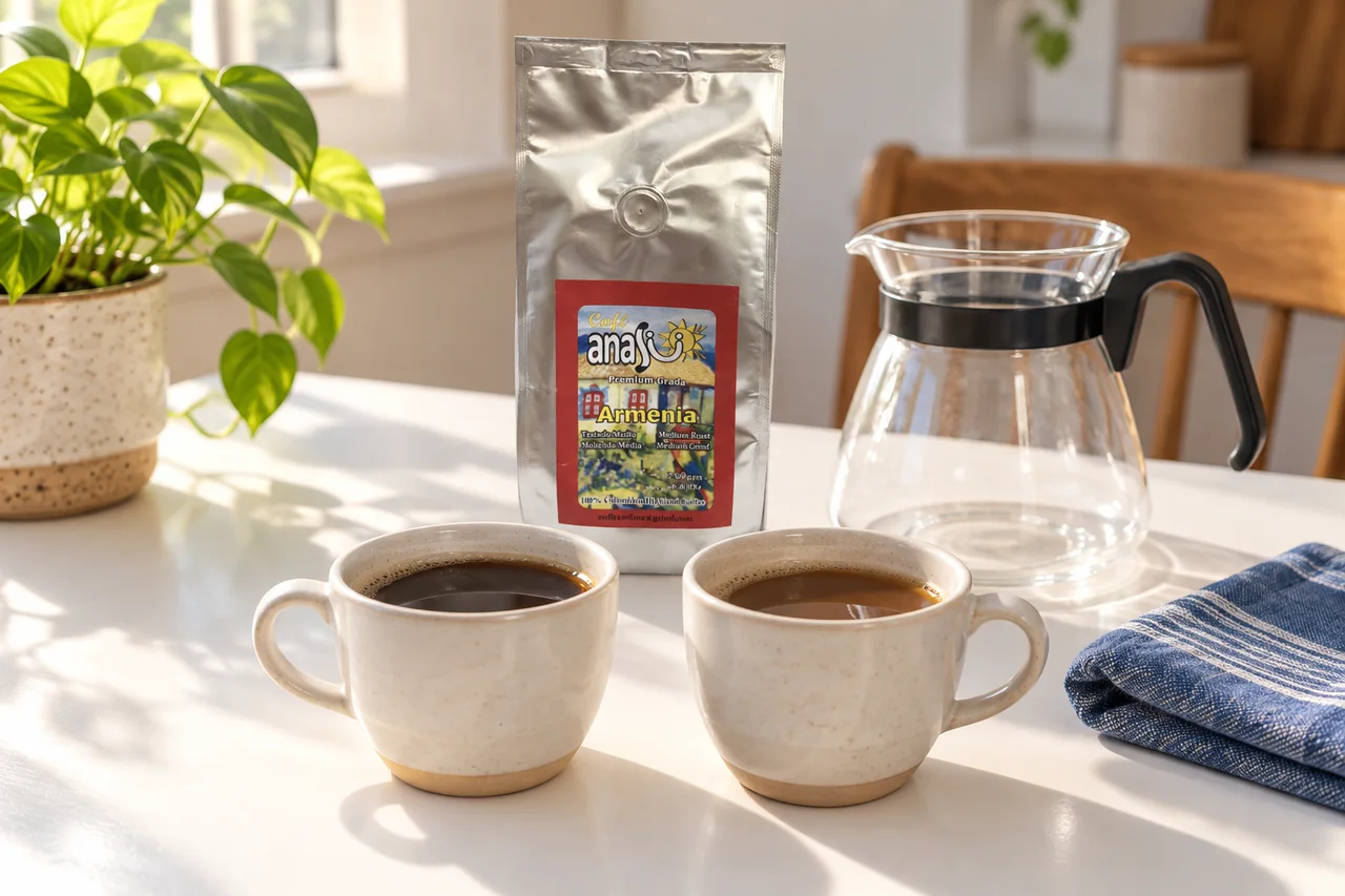 ANASU Armenia bag beside two cups of black coffee and a clean coffee carafe