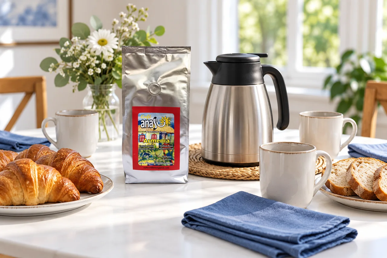 ANASU Armenia coffee bag at a brunch table with a thermal server, mugs and pastries