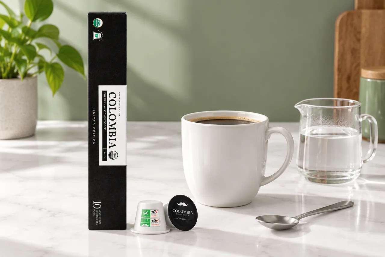 Colombia Origin capsule package beside a cup of black Americano and a small hot-water pitcher