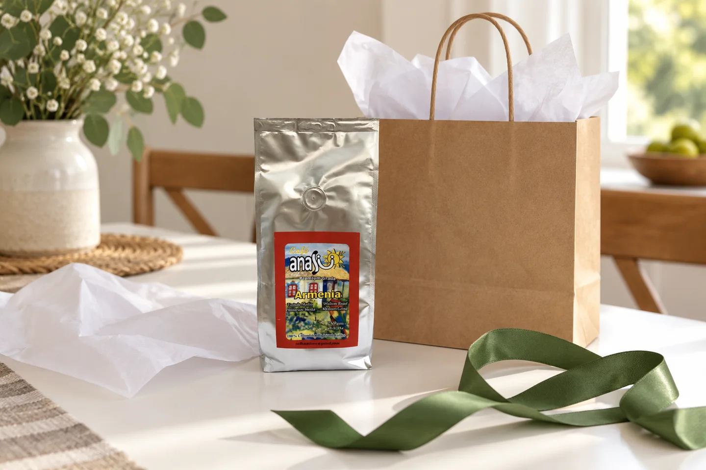 ANASU Armenia coffee bag beside plain gift wrapping and a green ribbon