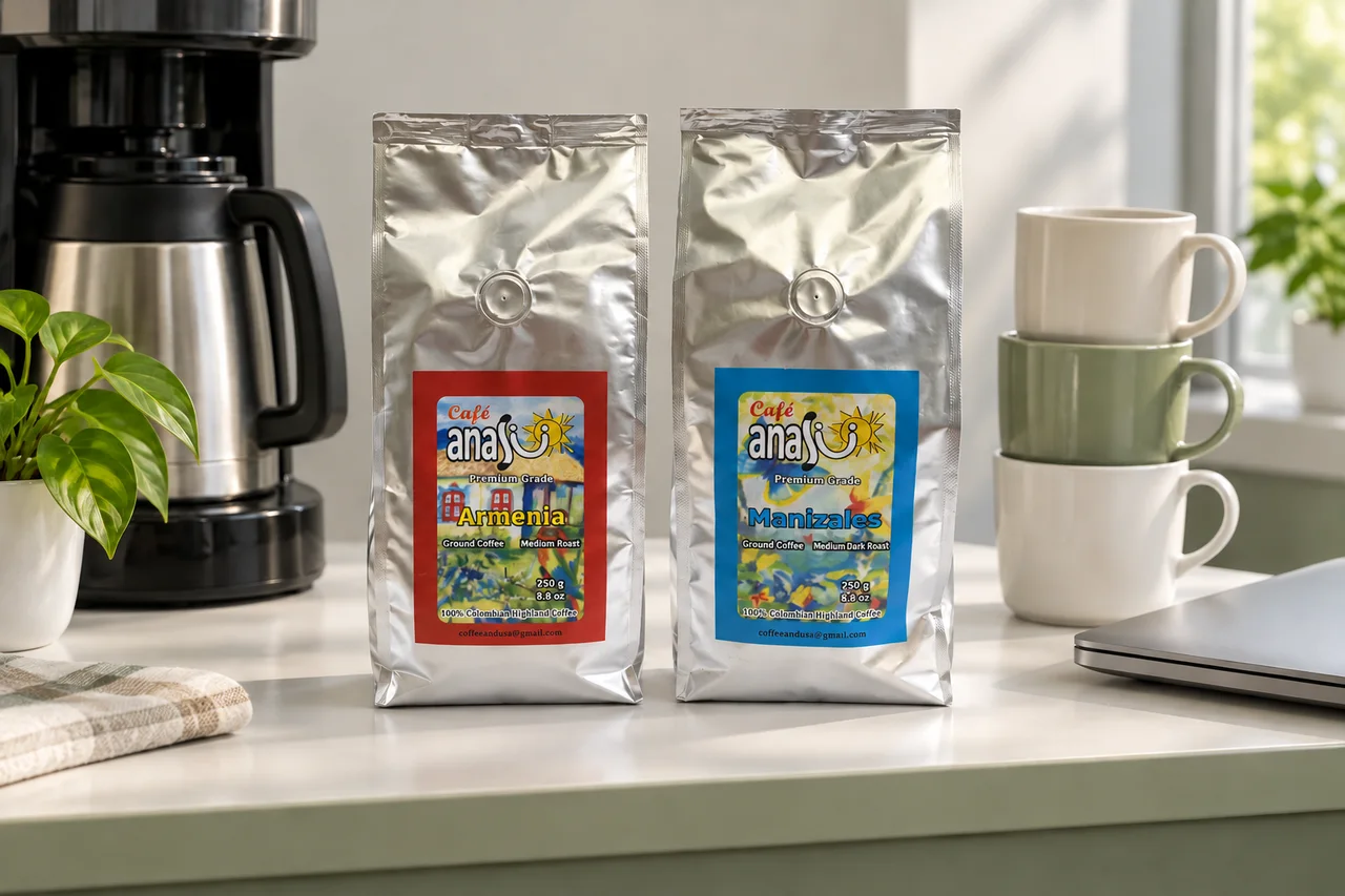 ANASU Armenia and Manizales bags at a generic office coffee station with a brewer and thermal server