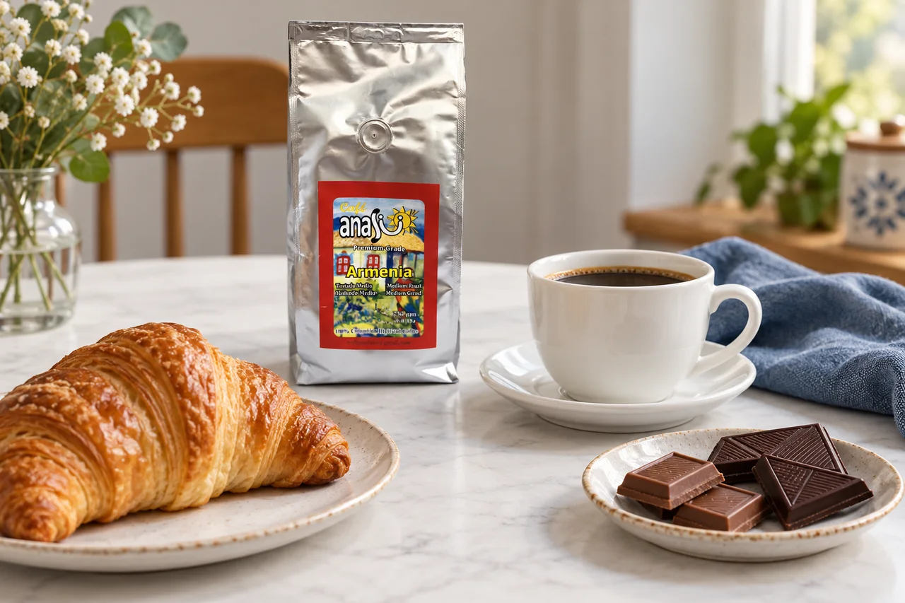 ANASU Armenia coffee bag with a cup of black coffee, a pastry and pieces of chocolate