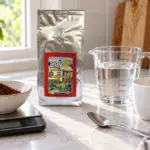 ANASU Armenia bag beside ground coffee on a kitchen scale, a water jug and a white mug