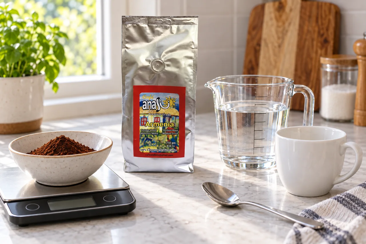 ANASU Armenia bag beside ground coffee on a kitchen scale, a water jug and a white mug
