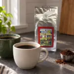 ANASU Armenia coffee bag beside two cups of black coffee and ground coffee in a scoop