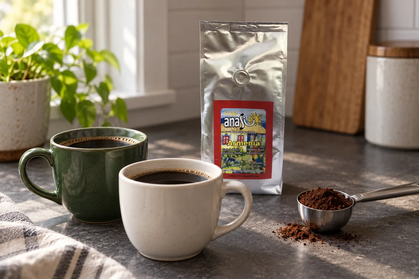 ANASU Armenia coffee bag beside two cups of black coffee and ground coffee in a scoop