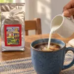 Milk poured into a blue mug of coffee with an ANASU Armenia bag in the background