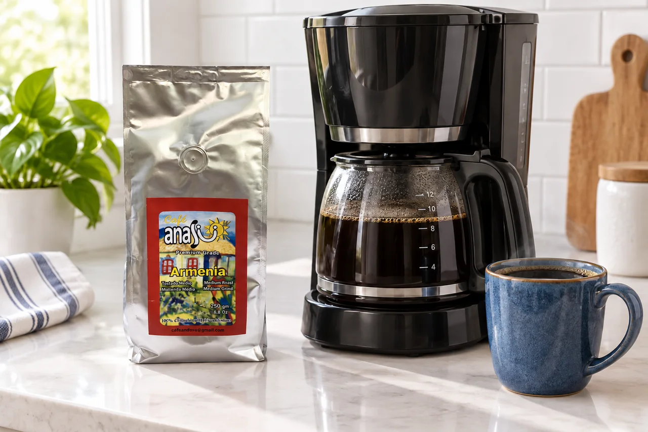 ANASU Armenia ground coffee beside an automatic drip brewer and blue coffee mug