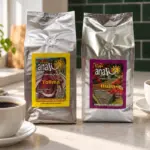 ANASU Tolima Dark Roast and Huila French Roast bags with two white coffee cups