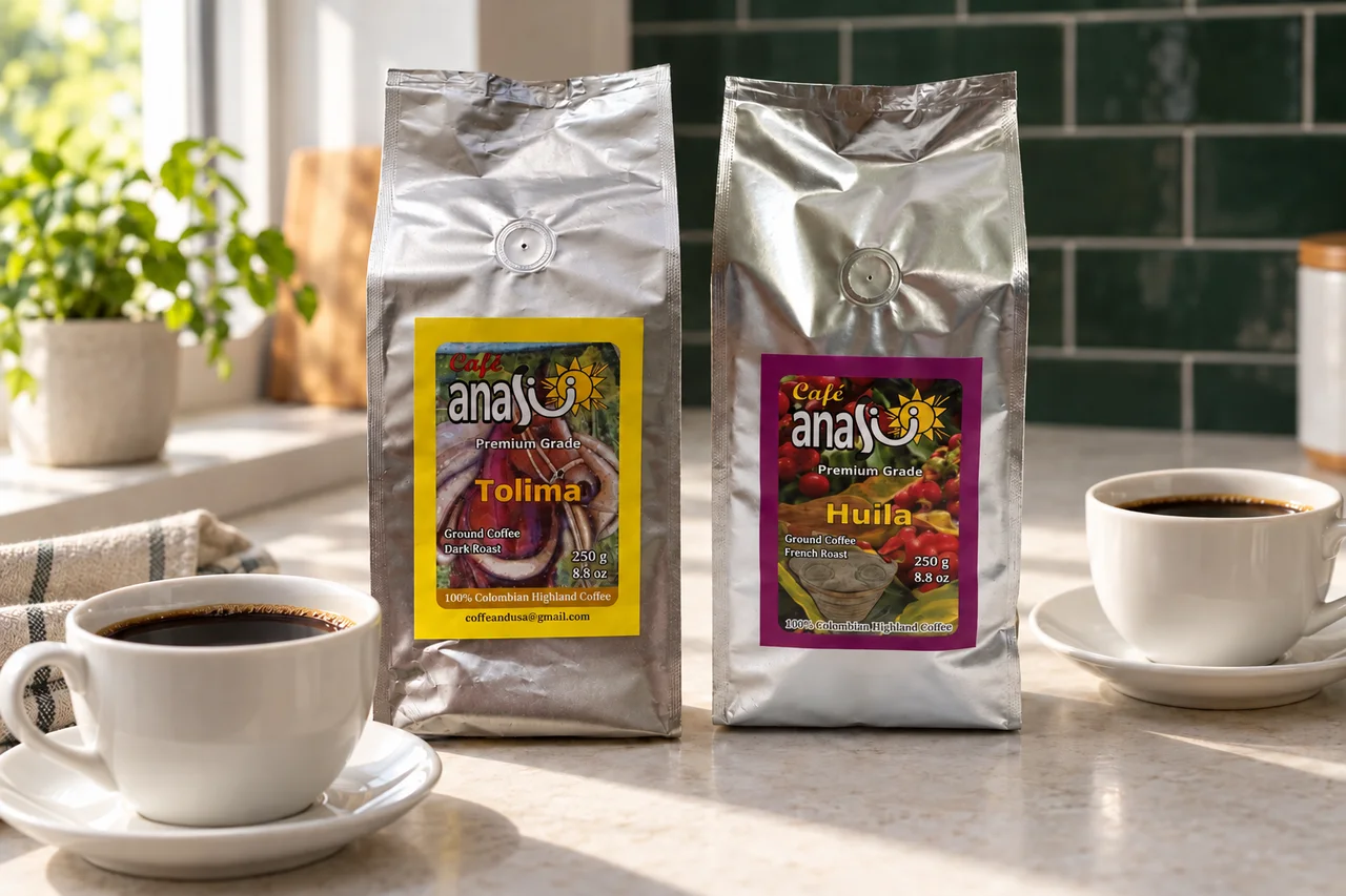 ANASU Tolima Dark Roast and Huila French Roast bags with two white coffee cups