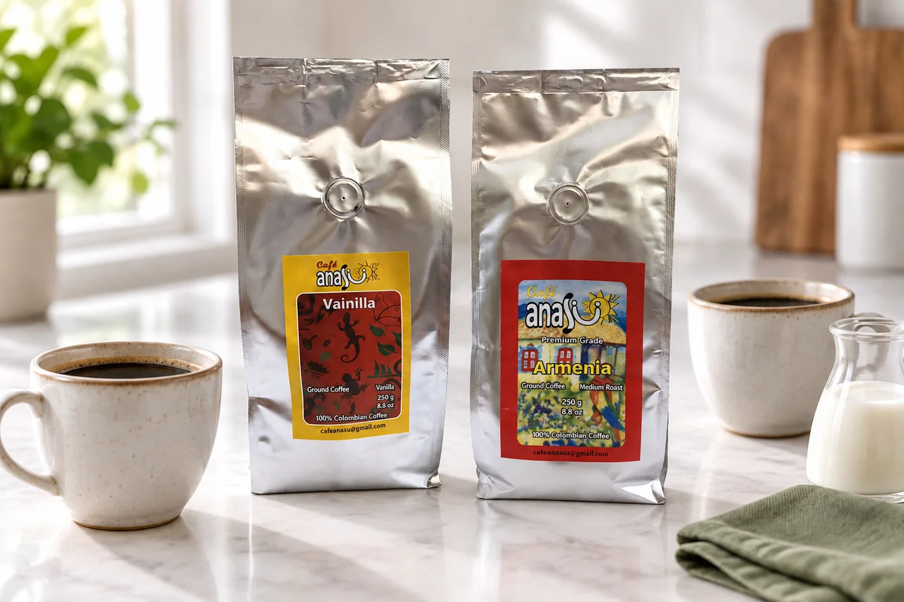 ANASU Vanilla and Armenia coffee bags beside cups, milk and a green napkin
