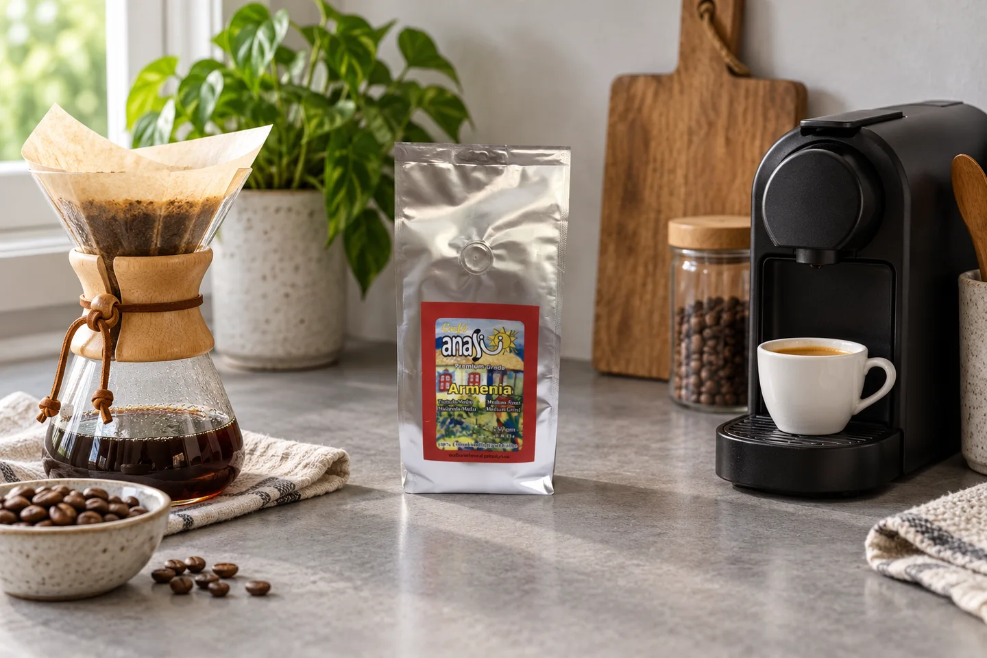 ANASU coffee bag between a filter brewer and a single-serve espresso machine