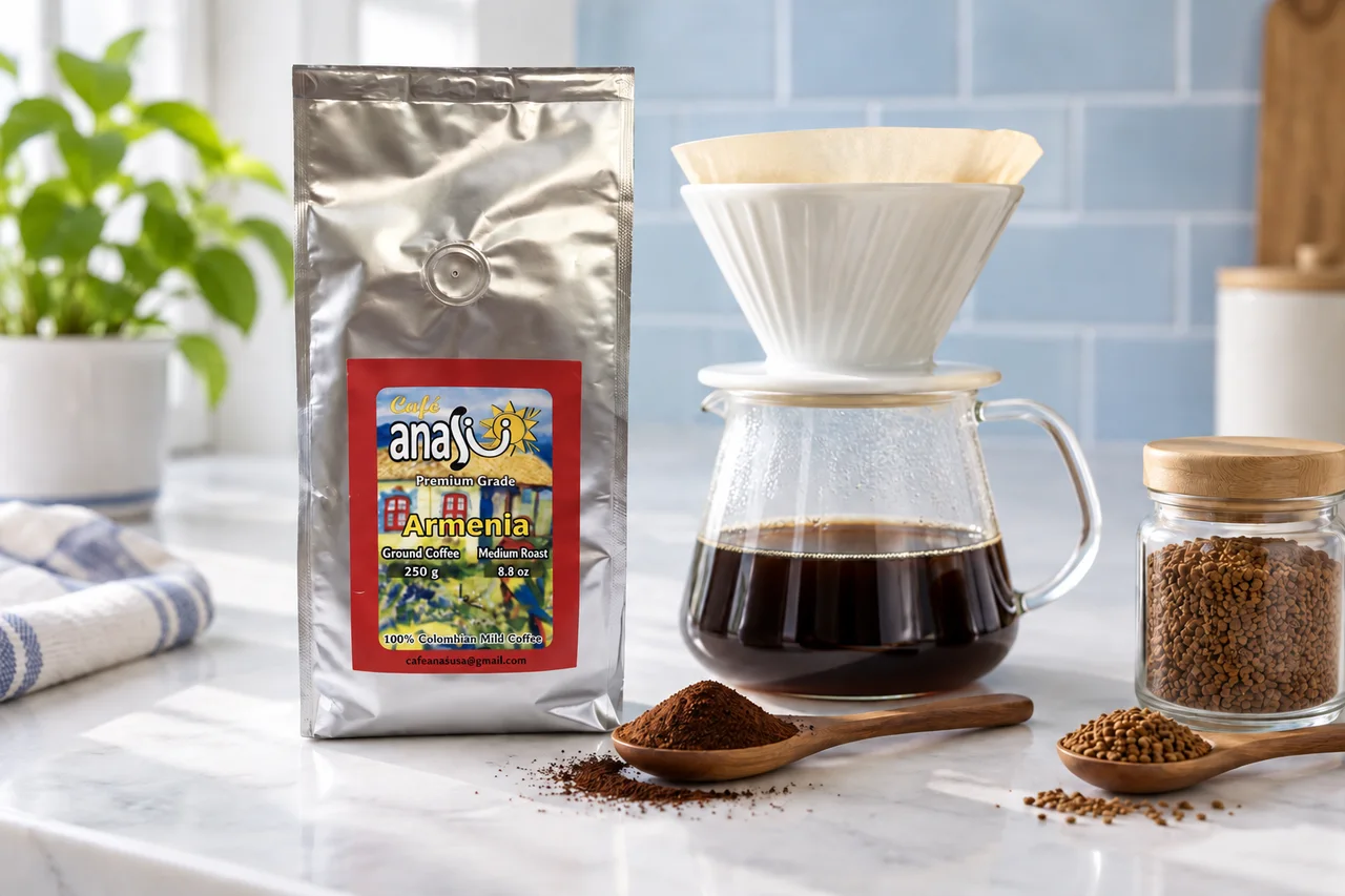 ANASU Armenia ground coffee beside a filter brewer and a separate unlabeled jar of instant granules