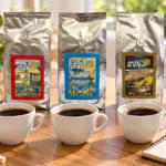 ANASU Armenia, Manizales and Santa Marta bags behind three tasting cups and a blank notebook