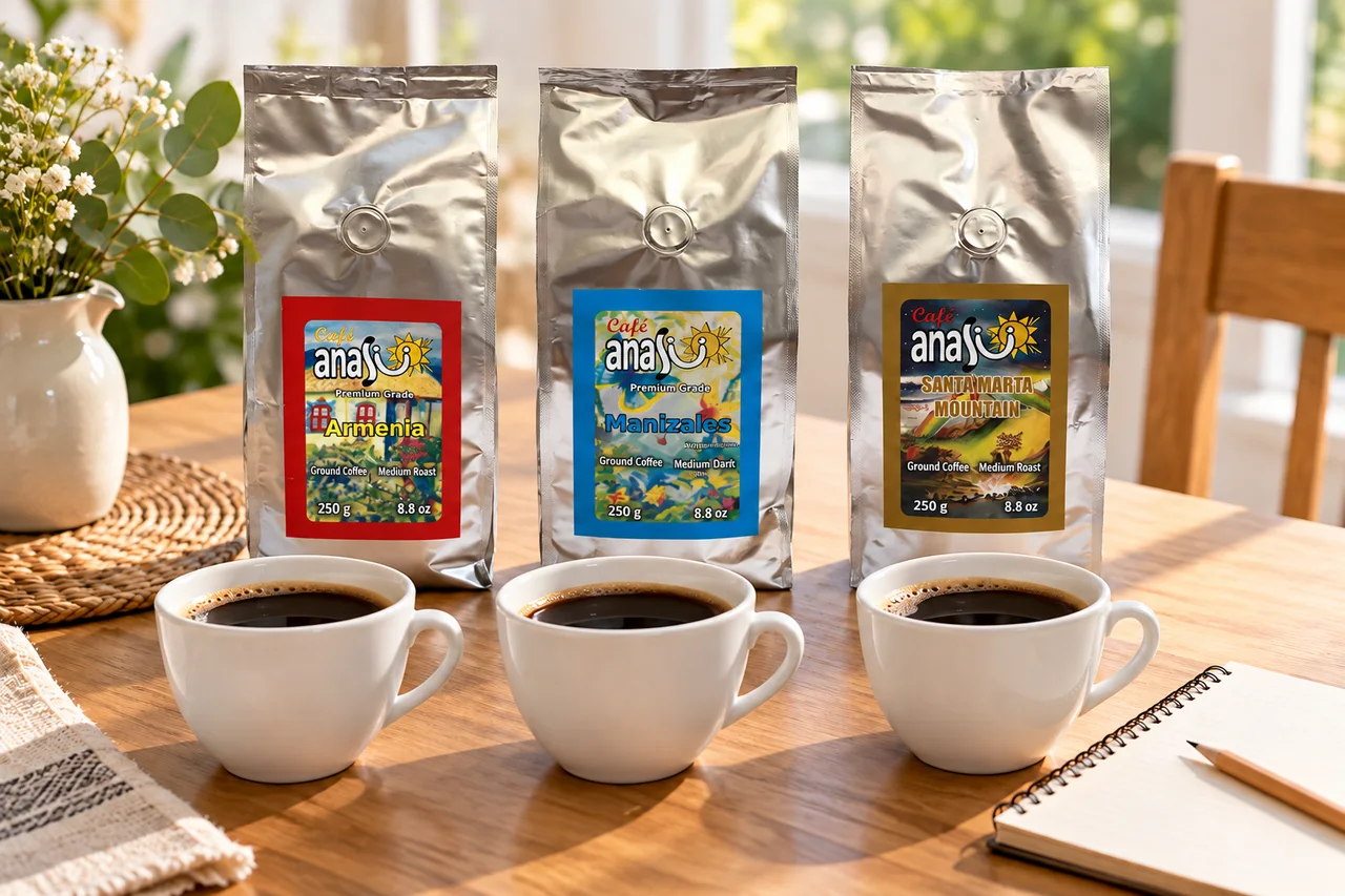 ANASU Armenia, Manizales and Santa Marta bags behind three tasting cups and a blank notebook