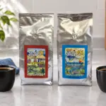ANASU Armenia and Manizales coffee bags beside two small cups of black coffee