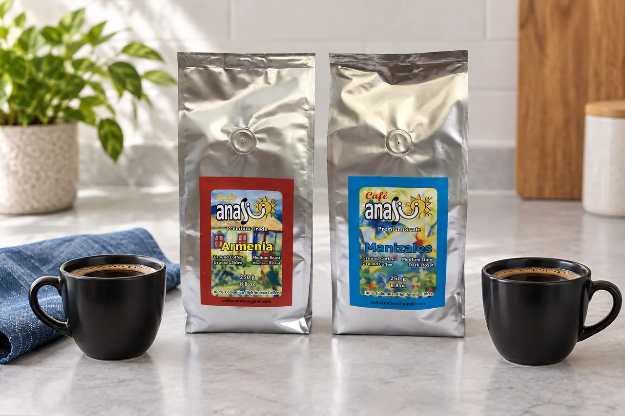 ANASU Armenia and Manizales coffee bags beside two small cups of black coffee