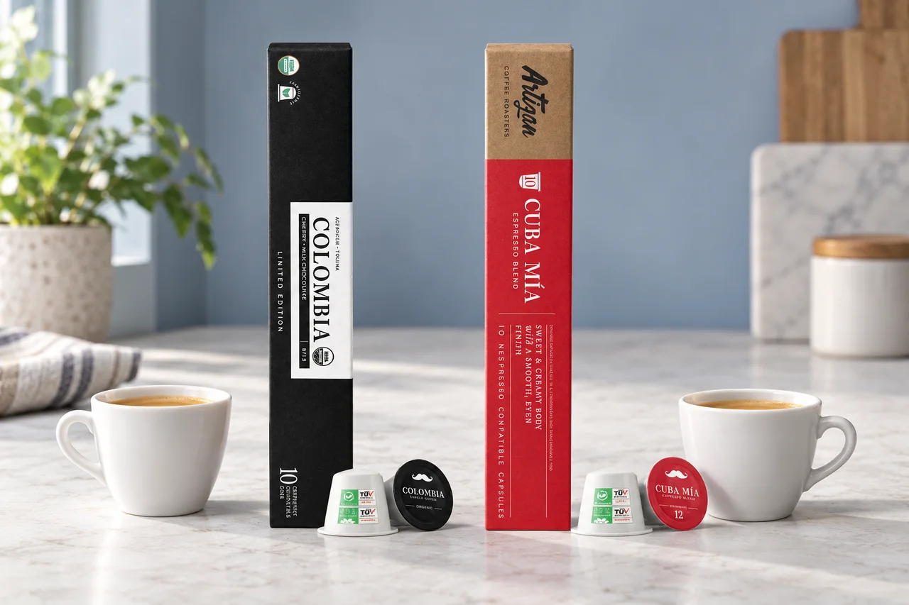 Colombia Origin and Cuba Mia capsule packages beside two small espresso cups