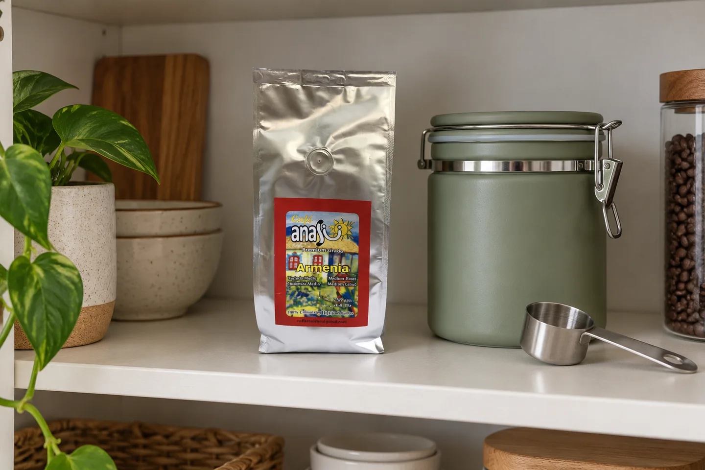 ANASU Armenia bag and closed opaque coffee canister on a dry pantry shelf