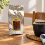 ANASU Vainilla coffee bag beside a black cup of coffee on a breakfast table