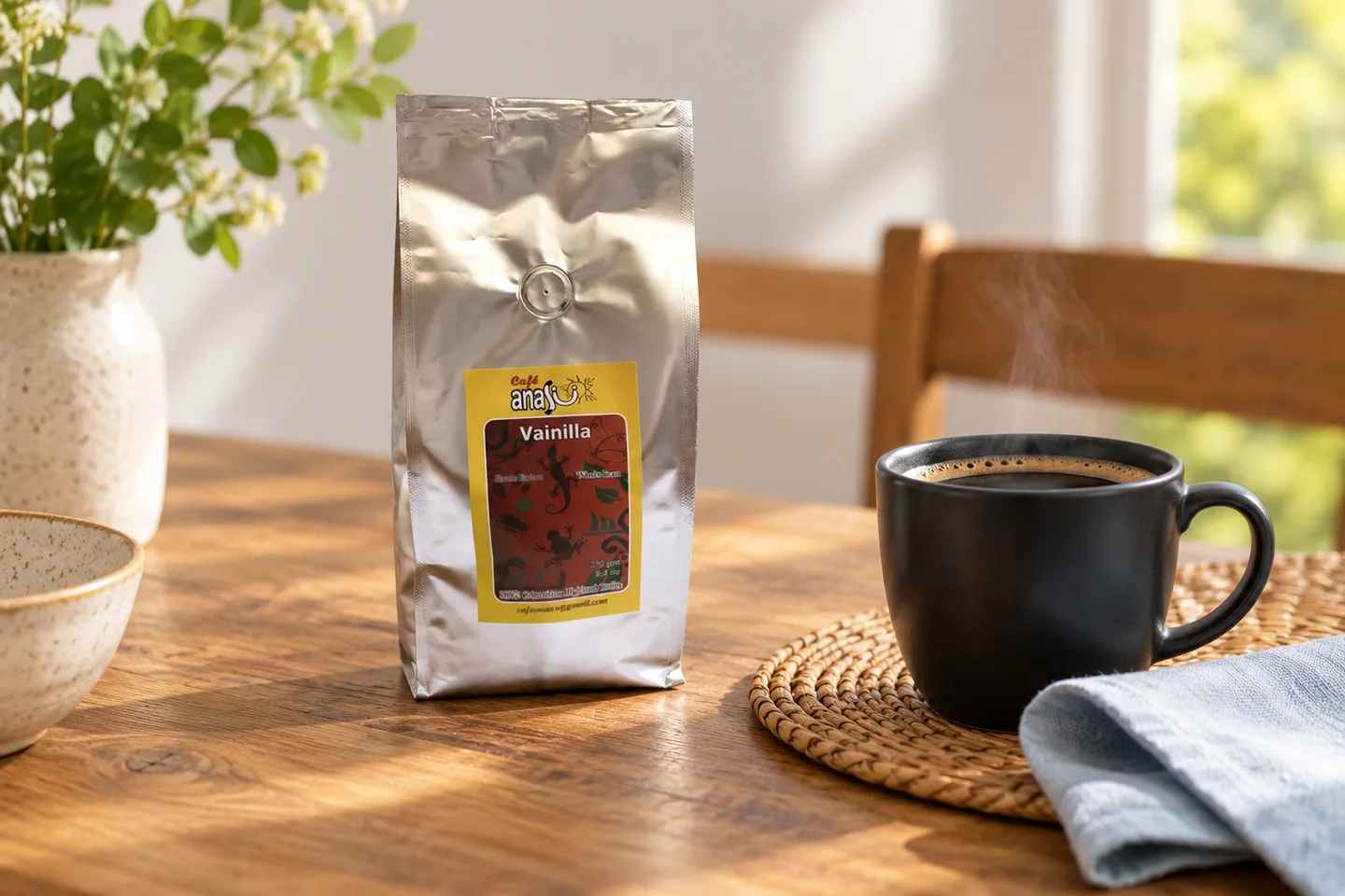 ANASU Vainilla coffee bag beside a black cup of coffee on a breakfast table